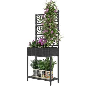 Outdoor Wicker Planter with Trellis for Climbing Plants, Freestanding Rattan Garden Box with Storage Shelf