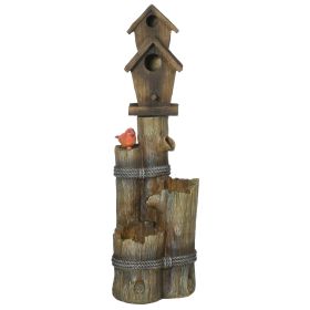 Outdoor Fountain with Birdhouse, Cascading Garden Waterfall Bird Bath with 3-Tier Rustic Tree Trunk & LED Lights for Porch, Deck, Yard, Brown