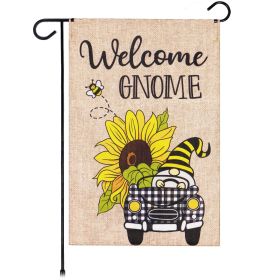 Garden Flag Welcome Gnome Sunflower Car 12x18 Inch Printed Burlap Polyester Everyday Decoration