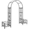 6.7' Metal Garden Arch, with Gate and Planter Boxes, Steel Arch Arbor, Water-Resistant, for Ceremony, Weddings, Dark Gray