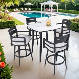 Modern 5PC Outdoor Patio Bar Set,Rounded Square Sintered Stone Table & 4 Swivel Bar Chairs,Non-Rust Aluminum Frame,Ember Black, Marble-Inspired T