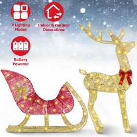 Christmas Reindeer & Sleigh Outdoor Decoration with Lights - 16.97ft LED String (Warm Yellow) 8 Modes, Sturdy Rustproof Iron Frame