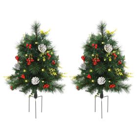 2.5ft 2 Pieces Prelit Artificial Christmas Tree with LED Light Mini Xmas Tree with Small Berry Pine Needles Pinecones Decorations for Garden