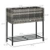 Portable Steel Raised Garden Bed, Rattan Look with Legs and Tool Shelf, for Herbs Vegetables Flowers, Gray
