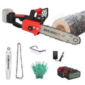 1Pc 12Inch Electric Cordless Chainsaw With 2Pcs 21V 3000mAh Battery And Charger Brushless Battery Operated Handheld Chainsaw With Auto Oiler Safe (Option: Red-3000mAh)