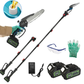 2-In-1 8' Cordless Electric Pole Saw And Mini Chainsaw With Extension Poles 2Pcs 21V 3.0Ah Batteries Adjustable Length Chain Saw With Auto Oiler (Option: BlueRedBlack)