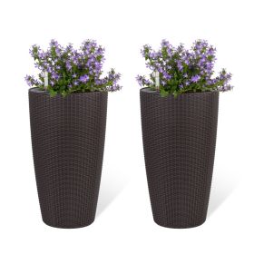 2 Faux Rattan Tall Planters Large Planters with Water Level Monitor Inner Bucket, Automatic Watering (Color: Tan)