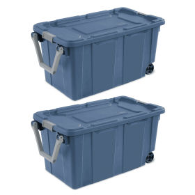 40 Gallon (160 Qt) Wheeled Storage Bin with durable latches, drip-resistant lid, metal axle wheels, and stackable design, Pack of 2 (Color: Blue)