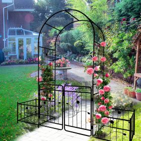 Metal Garden Arch with Gate 79.5'' Wide x 86.6'' High Climbing Plants Support Rose Arch Outdoor Black (Color: Black)